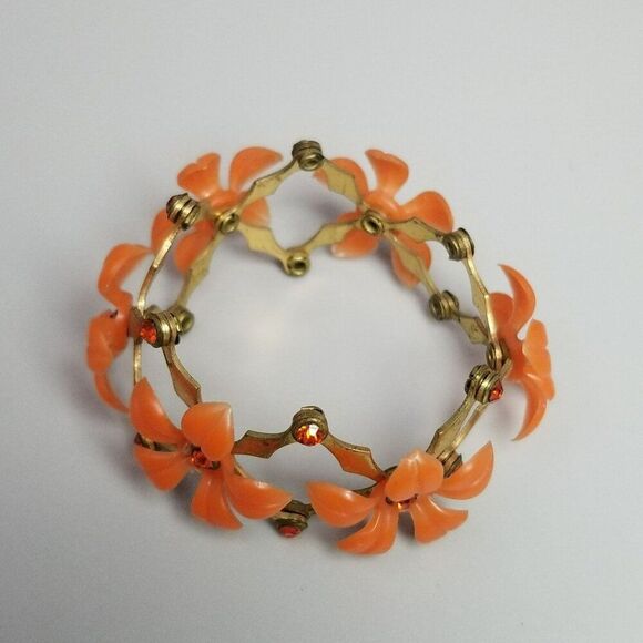 Vintage Orange Plastic Flower Rhinestone Expansion Stretch Bangle Bracelet Retro - Picture 4 of 9